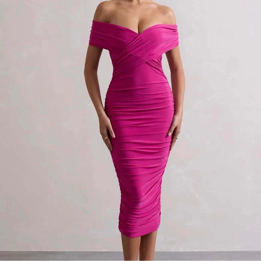Chic Off-Shoulder Pink Midi Dress